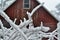 Snow covered branches with a red barn in the background.