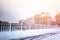 Snow-covered bridge across the Seine river, Paris