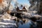 Snow-covered bridge over a quiet river - stock photography concepts