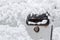 Snow covered car door handle closeup. Cars in winter