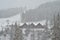 Snow covered chalet, winter background with copy space