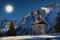 Snow covered chapel in the alps, moonlight scenery
