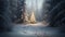 Snow covered Christmas tree, snowy winter landscape. Middle of forest at night. AI Generative