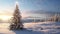 Snow covered Christmas tree, snowy winter landscape. Middle of forest at suset AI Generative