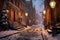 snow-covered cobblestone street with glowing lanterns