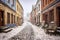 snow-covered cobblestone street in a quaint town