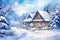 Snow covered Cottage Valentine Day background