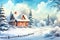 Snow covered Cottage Valentine Day background