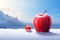 Snow-Covered Delight: A Vibrant Red Apple Stands Out Against a Wintry Backdrop