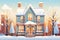 a snow-covered dutch colonial house with a front gable at dawn, magazine style illustration