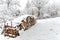 Snow covered firewood stack at winter. Winter village landscape. Stacked wood covered with snow. Background. A woodpile of dry