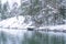 Snow-covered forest against the background of the unfrozen sea, rocky coast. Snowy winter concept. Finnish nature.