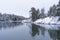 Snow-covered forest against the background of the unfrozen sea, rocky coast. Snowy winter concept. Finnish nature.