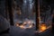 snow-covered forest with campfire and lanterns, providing warmth and light