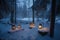 snow-covered forest with campfire and lanterns, providing warmth and light