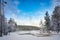 Snow covered forest and frozen lake, Hedmark Norway