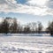 Snow Covered Forest Lake Under Bright Sunshine. Scenic Landscape.