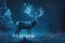 Snow-covered forest and magical deer in nature. Illumination winter landscape, Generative AI