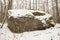 Snow covered glacial boulder in Salmon River State Forest, Connecticut