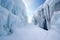 snow-covered glacier crevasse in winter