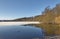 The snow covered ice edge of loch Clunie with calm water at the shoreline on a winters day.