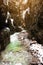 Snow-covered icicles at Partnachklamm, famous tourist destination. Partnachklamm in Garmisch-Partenkirchen, Bavaria