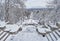 Snow-covered Kaskadnaya Lestnitsa or Cascade staircase of Zheleznogorsk Park is a tourist attraction of the resort town, Russia