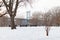 Snow Covered Landscape at Astoria Park during Winter with a view of the Triborough Bridge in Astoria Queens New York