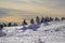 Snow covered landscape on top of Brocken mountain, Harz Mountains National Park, Germany