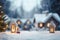 Snow covered landscapes, cozy cabins, and serene winter scenes associated with Christmas