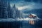 Snow covered landscapes, cozy cabins, and serene winter scenes associated with Christmas