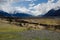 Snow covered Mount Cook with heart in the foreground and blue sky and white clouds, South Island, New Zealand