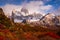 Snow-covered Mount Fitz Roy on beautiful fall day amongst forest of lenga trees