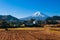 Snow covered Mount Fuji and local town along train route in Shimoyoshida - Fujiyoshida, Japan