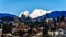 Snow covered Mount Robie Reid over the town of Mission, British Columbia, Canada