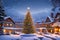 Snow covered mountain holiday resort, with Christmas tree beside walmly lit hotel. Generative AI