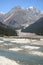 Snow covered mountain tops and valley