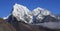 Snow covered mountains Cholatse and Tobuch, view from the Gokyo Valley