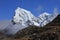 Snow covered mountains Cholatse and Tobuche seen from Gokyo