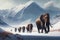 snow-covered mountains with a herd of mammoths moving through the valley