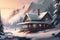 snow-covered mountains and winter chalet with bright windows