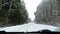 A snow-covered narrow highway through a pine forest in winter in a snowfall. View from inside the car, snow is flying into the win