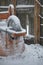 Snow covered orange wheelbarrow by a fence.