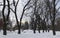 Snow-covered park Vladimirskaya Gorka and Mikhailovsky Golden-domed Cathedral in the distance