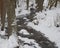 Snow covered partly frozen forest water stream creek with trees