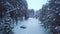 Snow-covered path in the Park with lanterns. Clip. Winter park alley with road surrounded high trees covered by snow