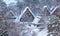 Snow covered peaked roof homes of Japanese mountain village in forest