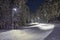 Snow-covered and plowed walkway illuminated with street light in Pitea