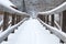 Snow-covered railings of the old wooden pedestrian bridge