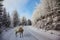 The snow-covered road and red deer
